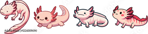 set of cute cartoon vector axolotl isolated on the white background 