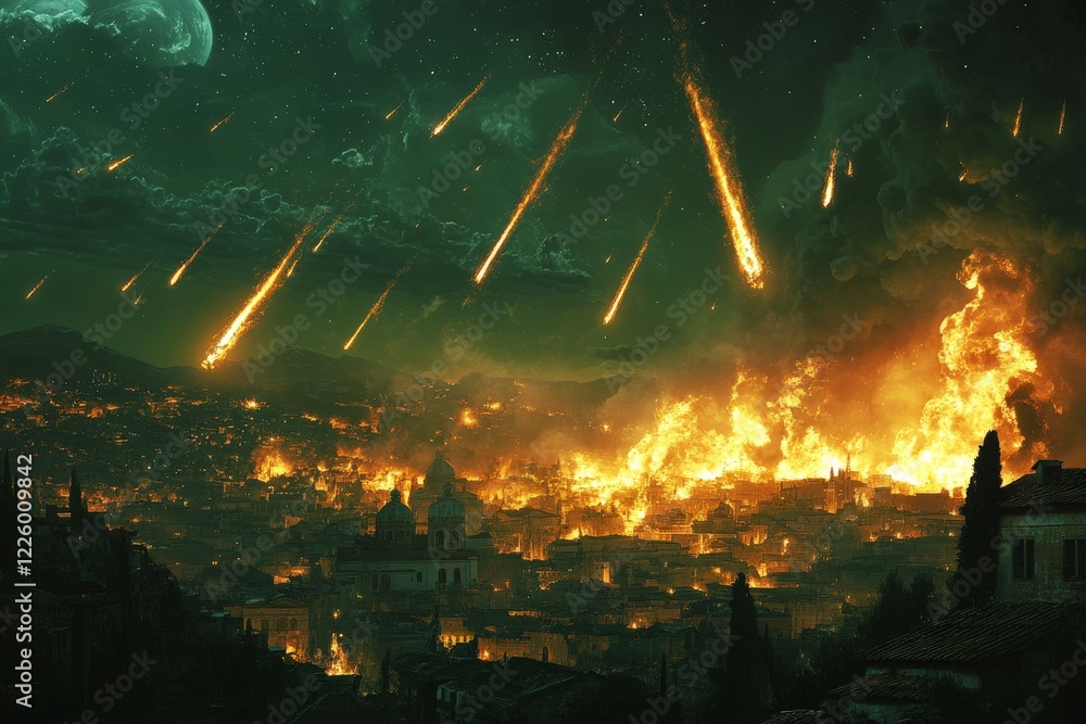 Fototapeta premium Destruction of a city under meteor shower at night with vibrant flames engulfing buildings