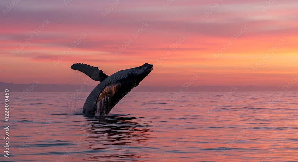 Fototapeta premium Majestic powerful humpback whale breaching against a vibrant colorful sunset sky, concept for nature conservation, wildlife documentary and environmental awareness