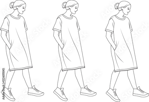 Vector line art illustration women in trendy midi dresses and sneakers, ready for coloring.