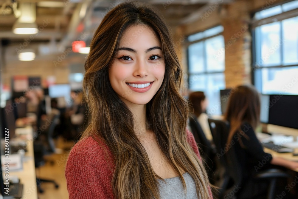 Smiling young woman in a modern office environment during a busy workday Smiling young woman in a modern office environment during a busy workday
