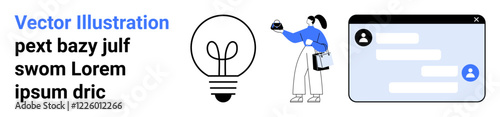 Person holding item near light bulb, symbolizing idea creation, and a dialogue window. Ideal for innovation, team collaboration, creativity, messaging apps, productivity, brainstorming flat landing