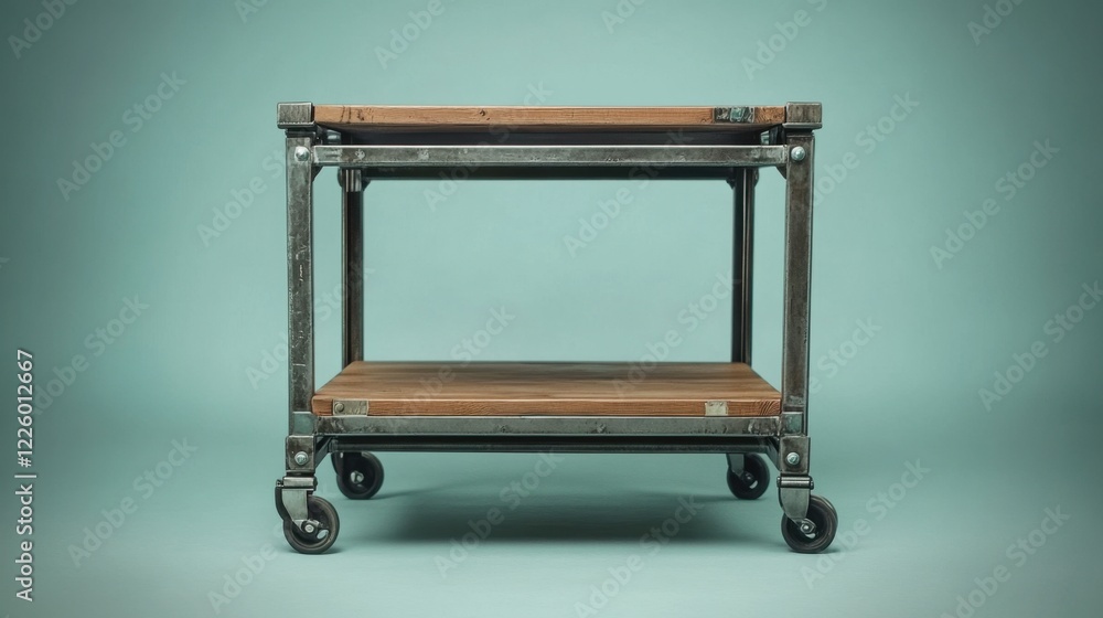 A robust industrial storage unit with open wooden shelves and a metal frame on a pale teal background. A robust industrial storage unit with open wooden shelves and a metal frame on a pale teal background.