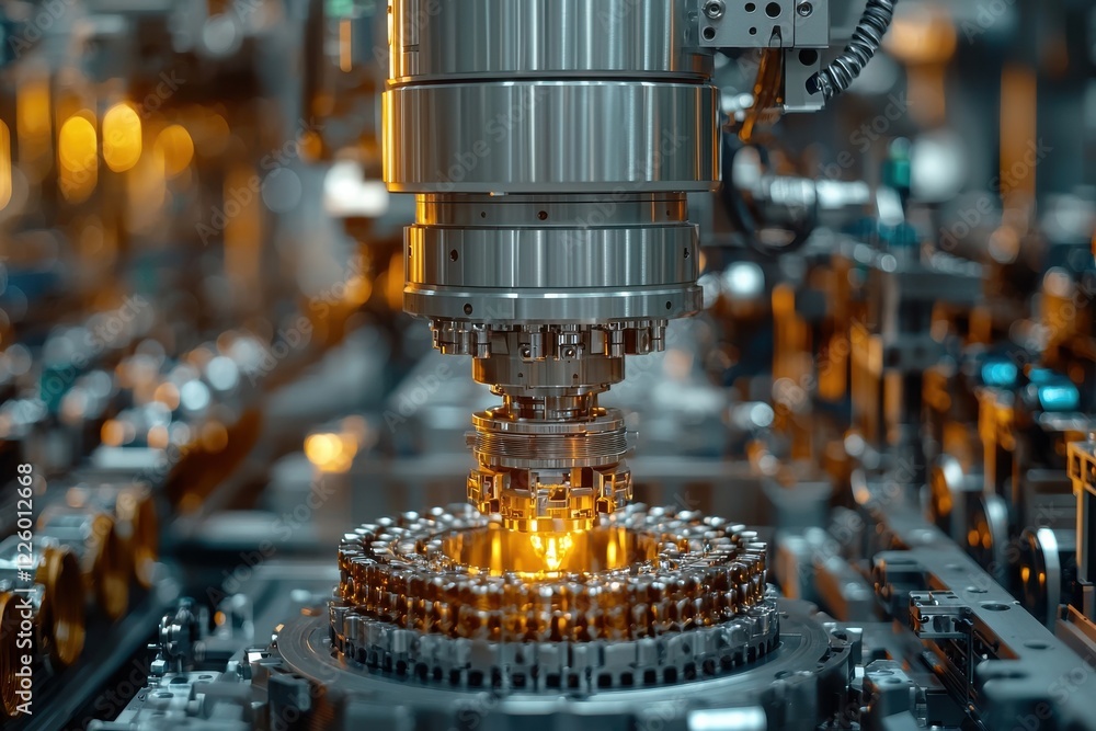 Advanced robotic machinery assembling intricate components in a high-tech manufacturing facility Advanced robotic machinery assembling intricate components in a high-tech manufacturing facility