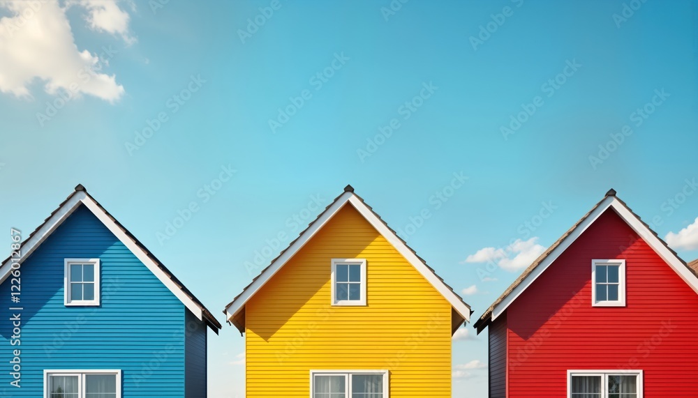 Colorful houses stand in row under clear sky. Affordable housing project in community facing economic challenges. Residents likely discuss shared ownership models, cost-saving measures. Possible Colorful houses stand in row under clear sky. Affordable housing project in community facing economic challenges. Residents likely discuss shared ownership models, cost-saving measures. Possible