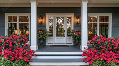 Charming Home Entrance with Blooming Azaleas
