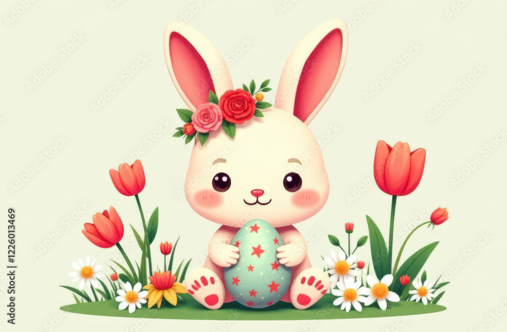 Obraz premium Cute Easter Bunny with Egg and Flowers: Ideal for Children's Projects