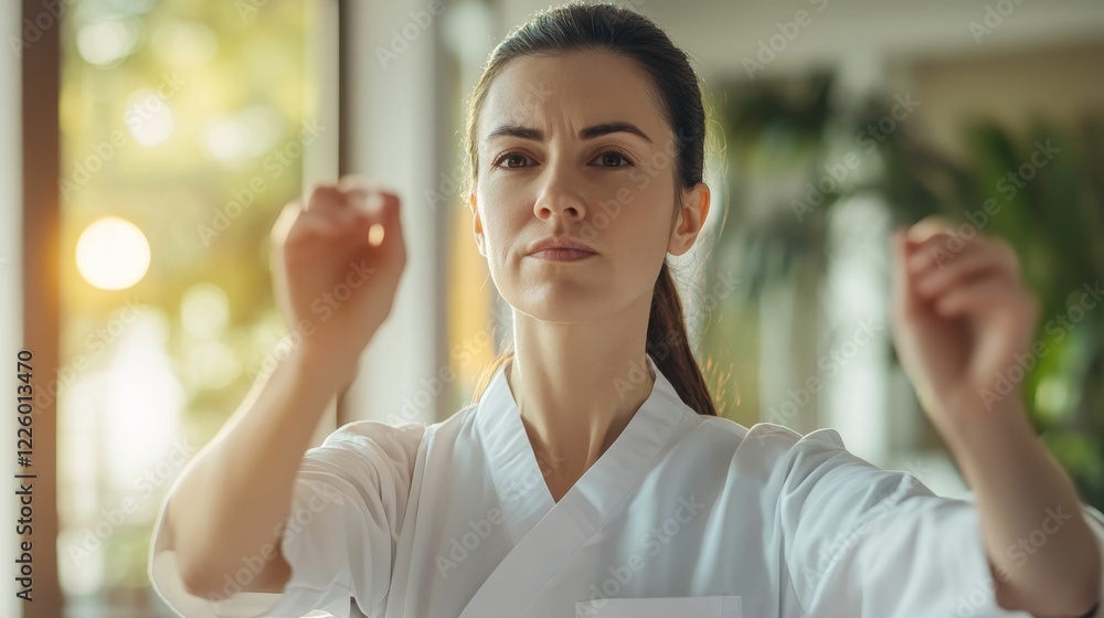 Woman in white uniform practicing martial arts. Woman in white uniform practicing martial arts.