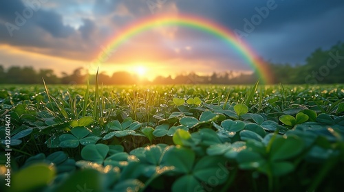 Sunset rainbow over clover field St. Patrick's day