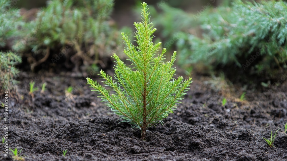 Young Evergreen Seedling Growing in Fresh Soil in Nature Setting Young Evergreen Seedling Growing in Fresh Soil in Nature Setting