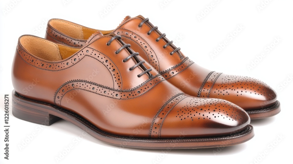 Brown business shoes with intricate perforation details, neatly arranged under natural light. Brown business shoes with intricate perforation details, neatly arranged under natural light.