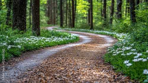 Serene Forest Path: A Winding Road Through Blooming Meadows