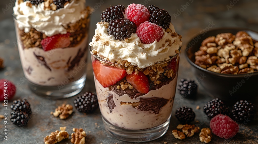 Delicious berry dessert parfait with granola, whipped cream, walnuts, recipe, food photography Delicious berry dessert parfait with granola, whipped cream, walnuts, recipe, food photography