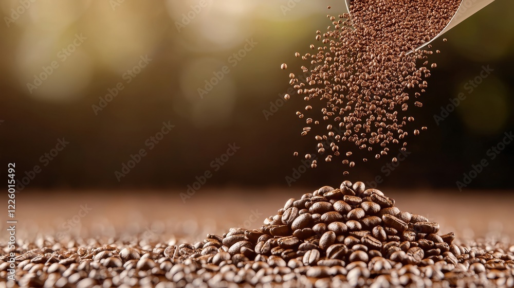 Obraz premium Digital art banner with close-up coffee beans, deep earthy colors, rich texture, and ample copy space, perfect for coffee branding