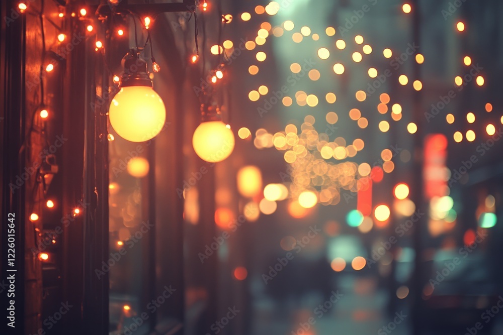 Warm glow of string lights illuminates a rainy street in a bustling city during the night Warm glow of string lights illuminates a rainy street in a bustling city during the night