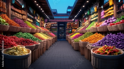 Vibrant Market Scene with Colorful Fresh Produce and Baskets of Vegetables in a Bustling Bazaar