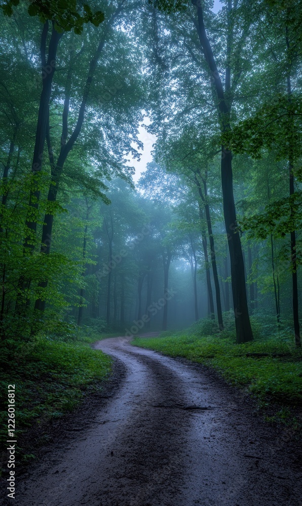 Fototapeta premium Misty forest path winding through lush green trees. Use Background image or nature illustration
