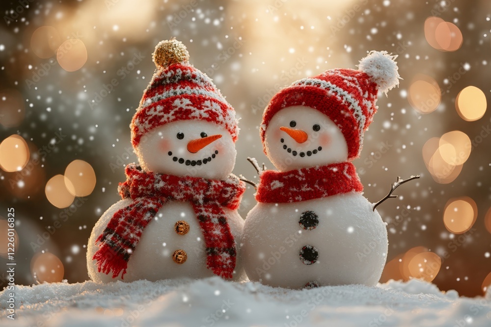 Snowmen wearing colorful hats and scarves stand in a dreamy winter landscape with falling snow and sparkling lights Snowmen wearing colorful hats and scarves stand in a dreamy winter landscape with falling snow and sparkling lights