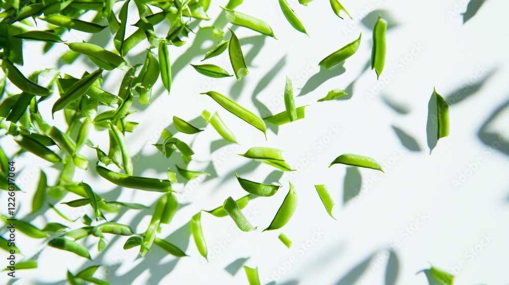 Dynamic close-up of green beans tumbling in motion, suspended in crisp clarity against a seamless white backdrop, natural shadows and highlights Dynamic close-up of green beans tumbling in motion, suspended in crisp clarity against a seamless white backdrop, natural shadows and highlights