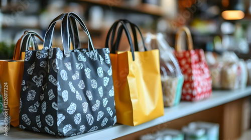 Reusable shopping bags displayed on shelf in store photo