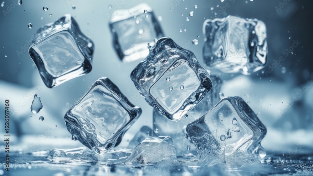 Ice cubes splash into water, creating a refreshing and dynamic scene in a cool setting