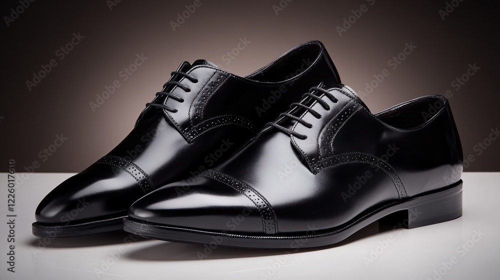 Shiny black formal shoes with decorative stitching, placed under warm studio lights. Shiny black formal shoes with decorative stitching, placed under warm studio lights.