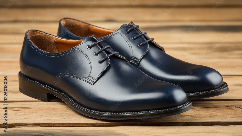 Stylish business shoes in navy blue leather with subtle texture, placed on a wooden plank background. Stylish business shoes in navy blue leather with subtle texture, placed on a wooden plank background.