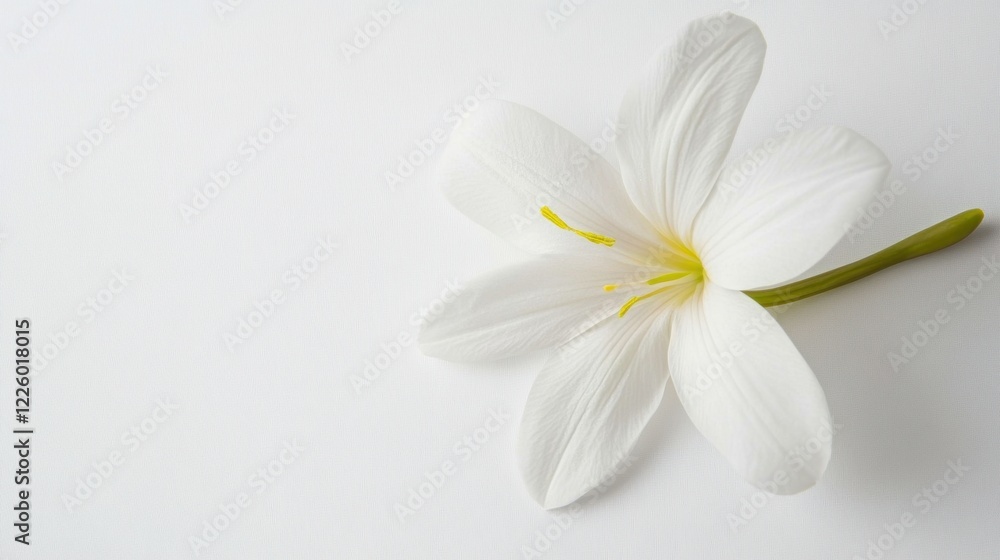 Fototapeta premium A solitary white flower with delicate petals and a green stem rests on a plain background