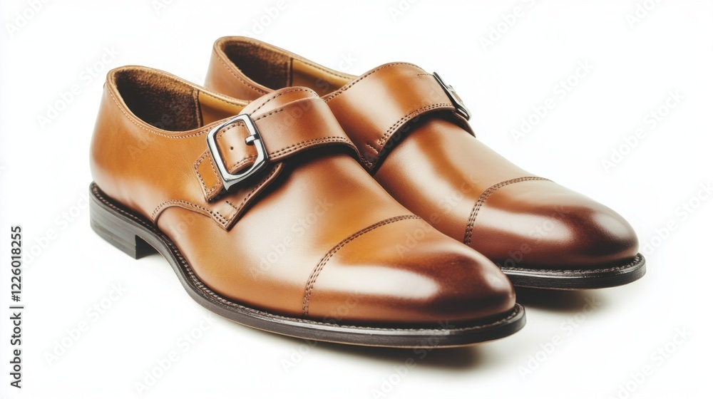 Tan monk strap business shoes with a sleek design, resting on a soft white backdrop. Tan monk strap business shoes with a sleek design, resting on a soft white backdrop.