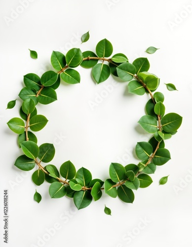 Fresh green leaves form circle frame on white background. Eco concept. Plant leaves arranged circularly. Natural design for eco products sustainable living ideas. Simple, modern aesthetic. Flat lay,