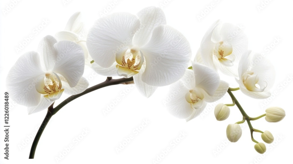 Elegant White Orchid Flowers Blooming on a Branch Against a Pure White Background Elegant White Orchid Flowers Blooming on a Branch Against a Pure White Background