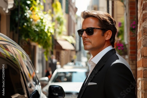 Wallpaper Mural Stylish man with sunglasses stands next to luxury car in quaint city street under bright sunlight Torontodigital.ca