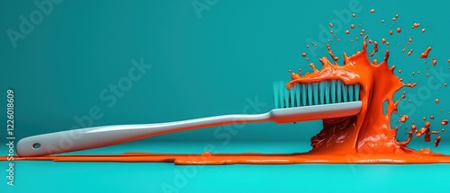 A toothbrush lies on a vibrant background, splattered with bright orange paint.
