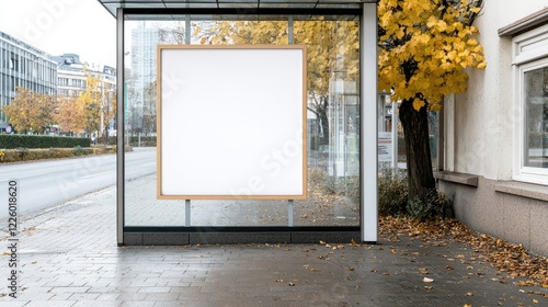 Blank square billboard mockup in a glass bus shelter on a city street during autumn.