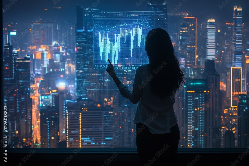 Business professional analyzes financial data while overlooking a vibrant cityscape at night