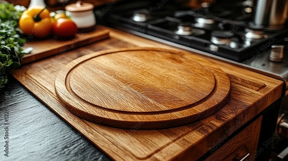 Obraz premium Wooden cutting board kitchen counter mockup