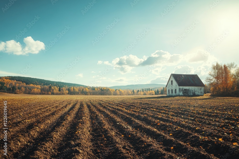 Obraz premium The peasant house sits gracefully in a serene natural environment. The sky is clear and sunny during autumn.