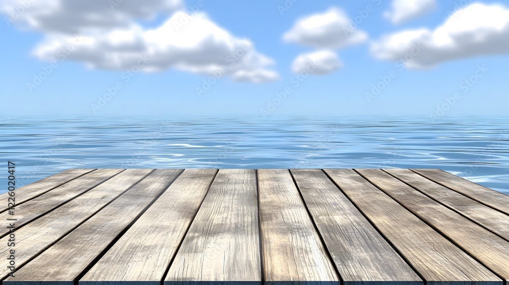 Serene Wooden Dock Over Calm Ocean with Blue Sky and Clouds Serene Wooden Dock Over Calm Ocean with Blue Sky and Clouds