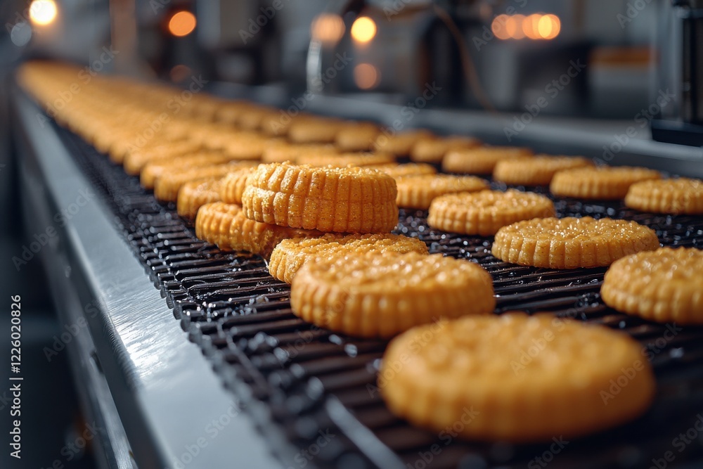 Cookies baking on a conveyor belt in a commercial kitchen during production hours Cookies baking on a conveyor belt in a commercial kitchen during production hours