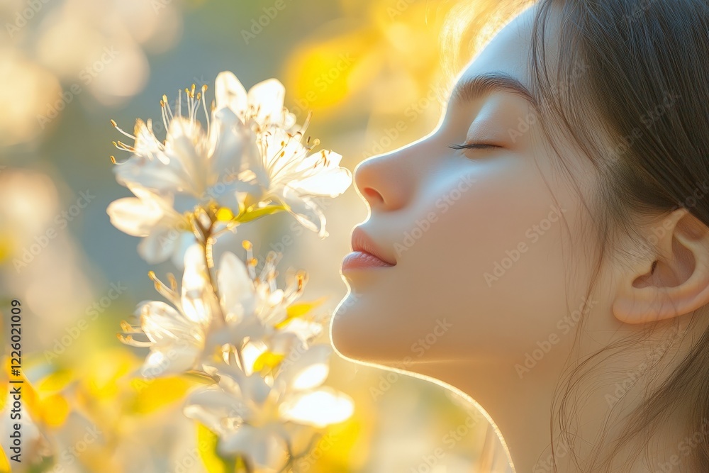 Woman enjoying the fragrance of spring flowers with a serene expression in a vibrant garden Woman enjoying the fragrance of spring flowers with a serene expression in a vibrant garden