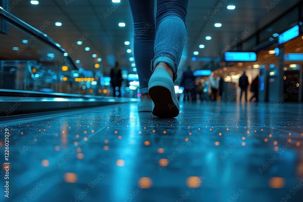 Fototapeta premium Walking through a busy airport terminal with glowing floor lights at night