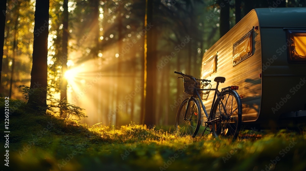 Fototapeta premium Close-up of a vintage caravan and bicycles in a glowing forest, soft pastel tones, cinematic realism, sunny beams of light creating contrast