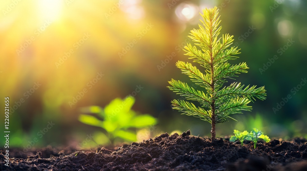 Young Evergreen Tree Growing in Soil with Sunlight Background Young Evergreen Tree Growing in Soil with Sunlight Background