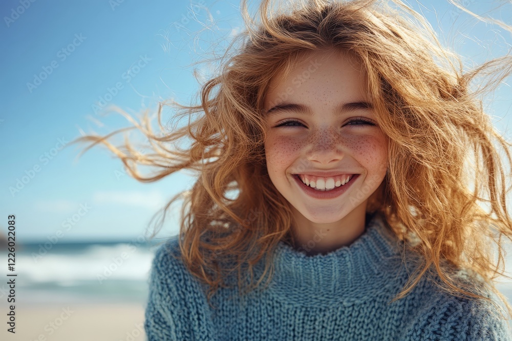 Smiling girl with curly hair enjoying a sunny beach day by the ocean Smiling girl with curly hair enjoying a sunny beach day by the ocean