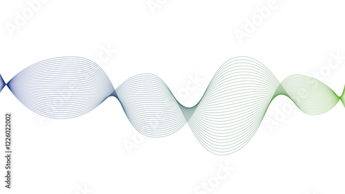 Vector curvy abstract line art wavy flowing dynamic green blue white background in concept music or sound, wave, wind, information flo