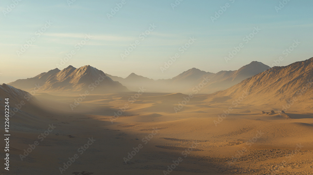 Serene desert landscape at sunrise, showcasing mountains and soft sands under a clear sky Serene desert landscape at sunrise, showcasing mountains and soft sands under a clear sky
