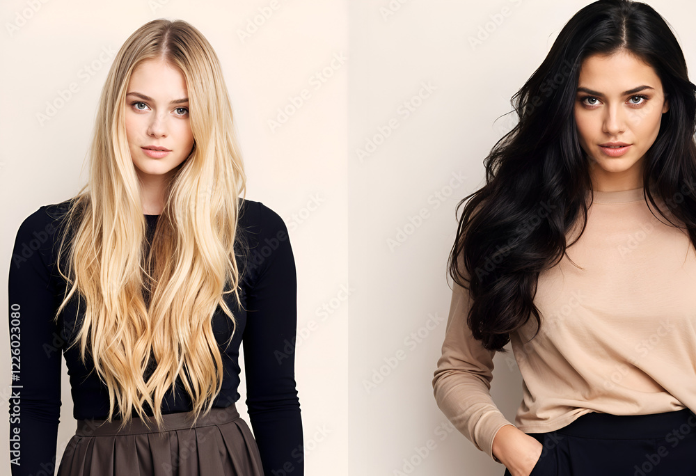 Two young women with long, flowing hair. One blonde, one brunette, both wearing long sleeved tops and skirts. Neutral background. Stylish portraits. Two young women with long, flowing hair. One blonde, one brunette, both wearing long sleeved tops and skirts. Neutral background. Stylish portraits.
