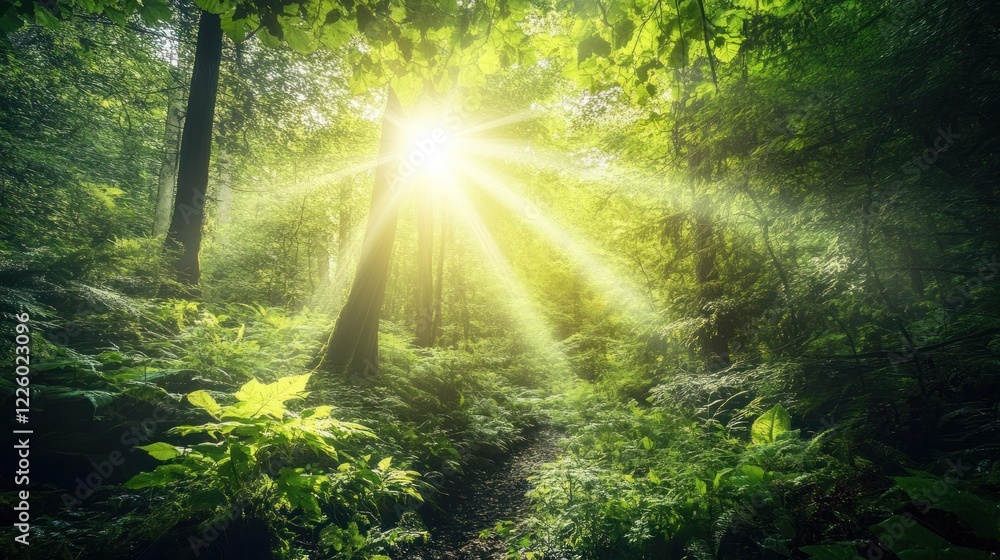 Obraz premium Sunlight Filtering Through a Dense Forest Canopy Creating a Beautiful and Lush Scene