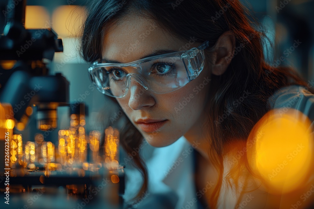 Scientist focusing intently on microscopic samples in a laboratory setting during evening hours Scientist focusing intently on microscopic samples in a laboratory setting during evening hours