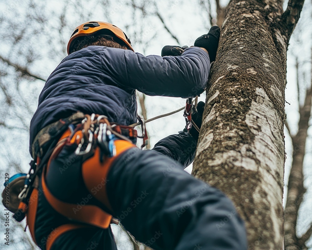 Climber ascends a tree with safety harness and gear. Climber ascends a tree with safety harness and gear.
